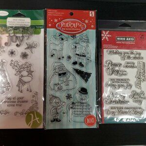 3 CHRISTMAS REINDEER JOY Clear Stamps GREETINGS Tree Holly Retired